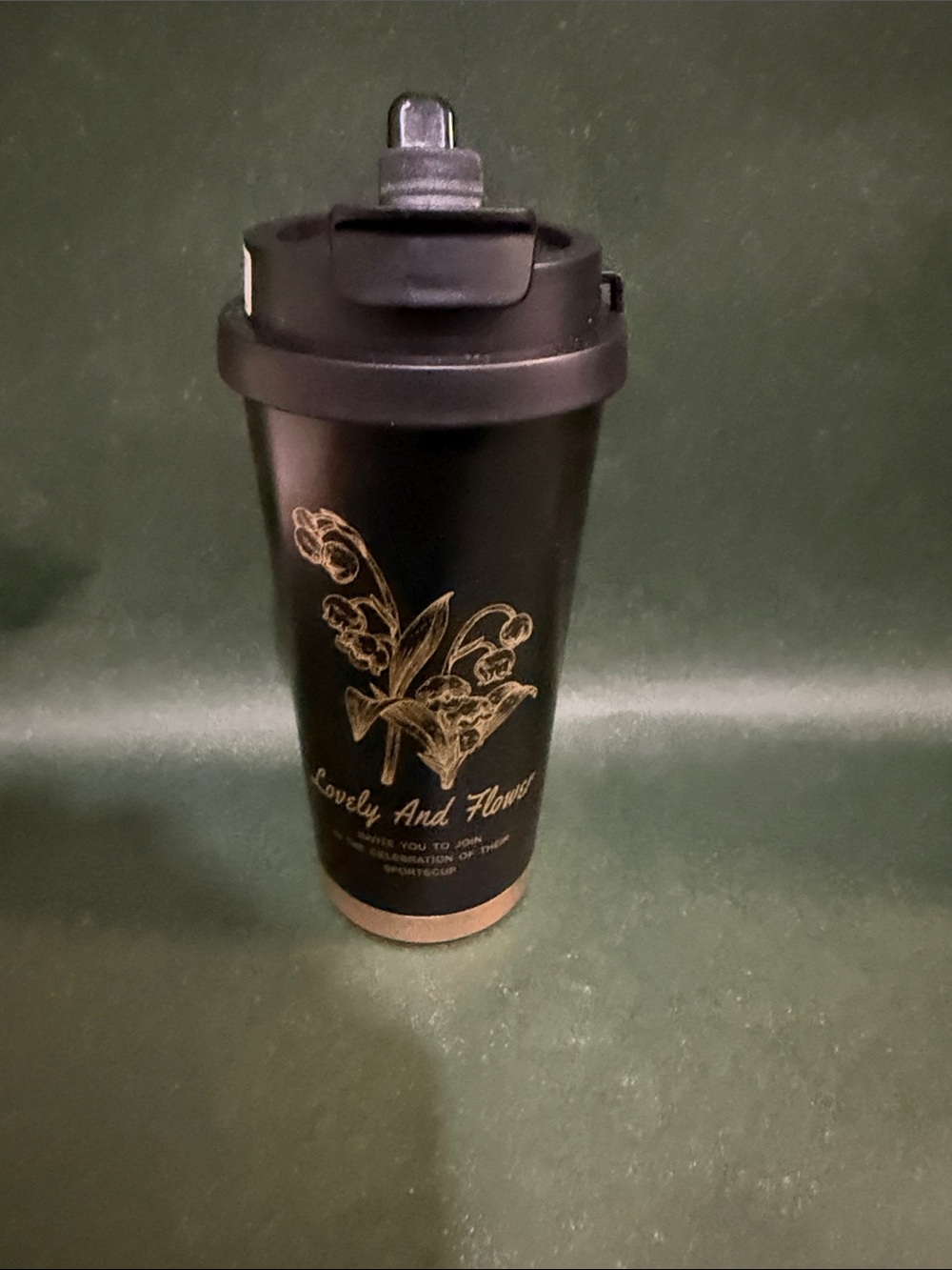 Travel Tumbler with Gold Floral Design - Black